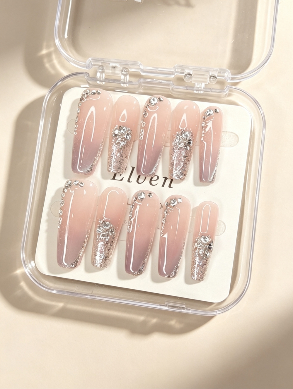 Elegant Pink and Silver Handmade Press On Nails With Rhinestone Long Coffin